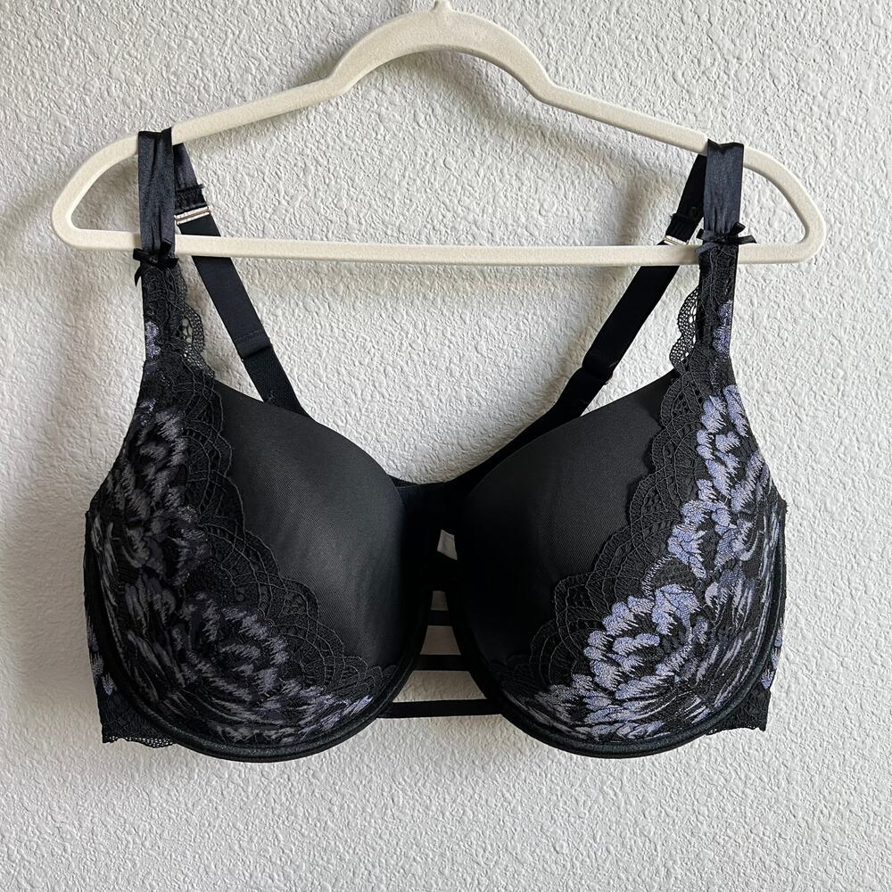 Cacique Boost Balconette Black Satin Lace Bra Women's 44F Romantic Feminine